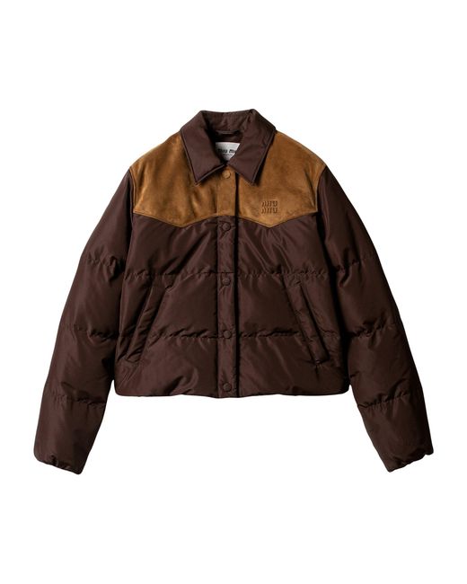 Miu Miu Brown Leather-Trim Down-Filled Jacket