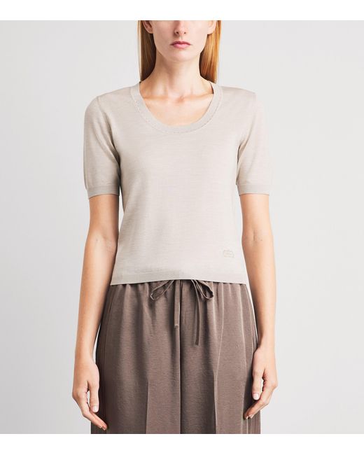 Agnona White Wool-Silk-Cashmere Scoop-Neck Sweater