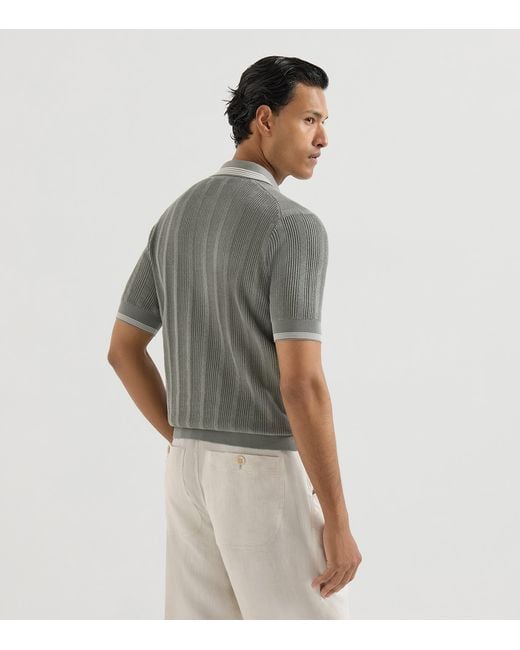 Brunello Cucinelli Gray Cotton Rib-Knit Polo Shirt for men