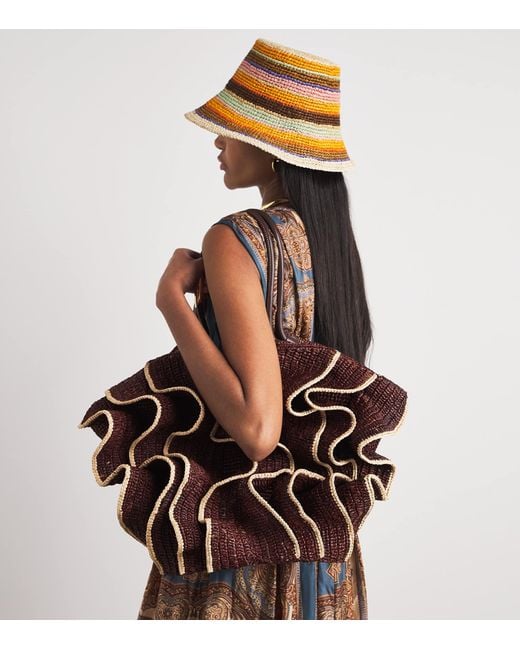 Zimmermann Brown Raffia Ruffled Goldentime Tote Bag