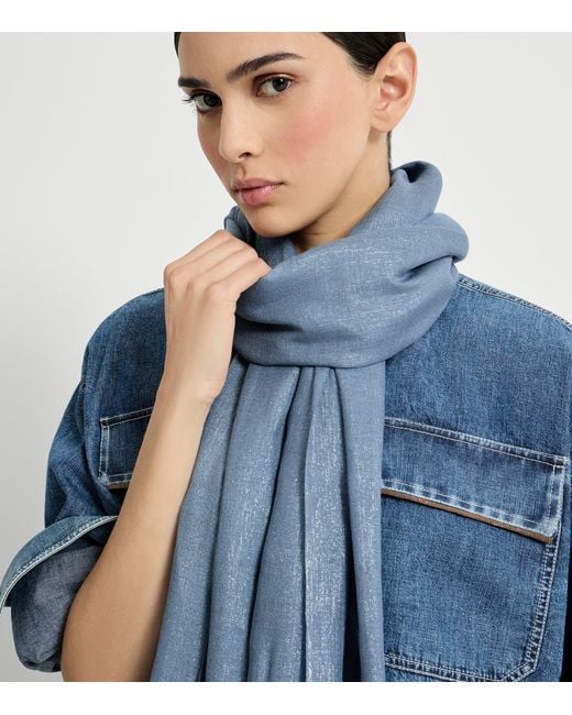 Brunello Cucinelli Blue Cashmere-Silk Blend Sparkling Scarf