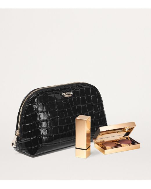 Aspinal Black Small Croc-Embossed Wash Bag