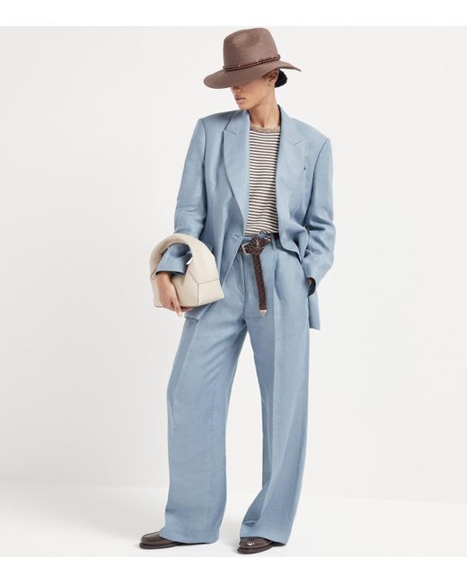 Brunello Cucinelli Blue Hemp-Linen Gabardine Loose Trousers