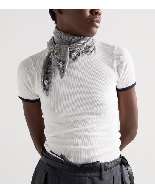 Prada White Contrast-Trim Ribbed T-Shirt