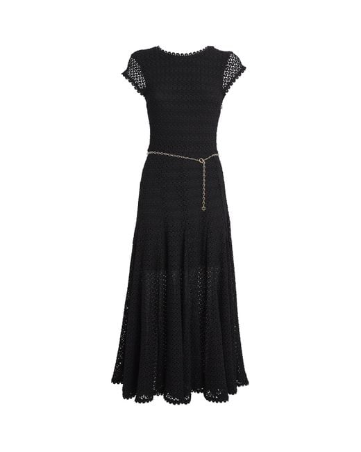 Maje Black Crochet Belted Midi Dress