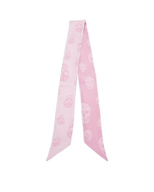 McQueen Pink Silk Skull Skinny Scarf