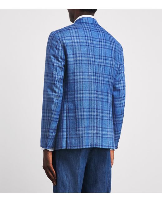 Isaia Blue Wool-Silk-Linen Check Blazer for men