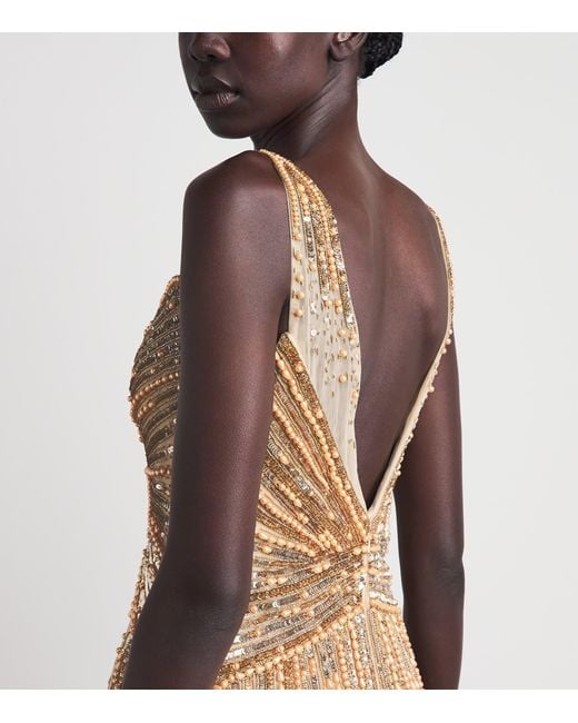 Pamella Roland Natural Tulle Embellished V-Neck Gown