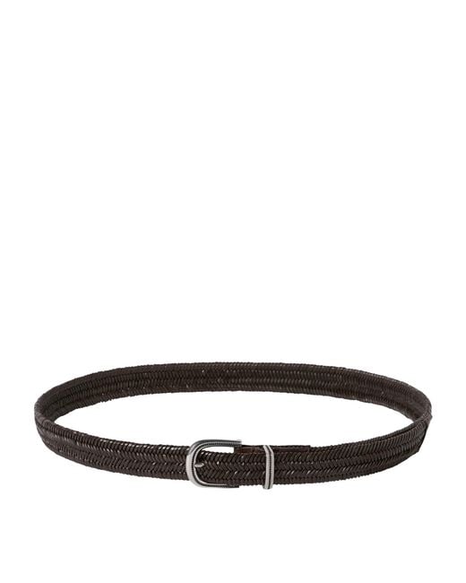 Brunello Cucinelli Black Leather-Blend Chevron-Effect Braided Belt for men