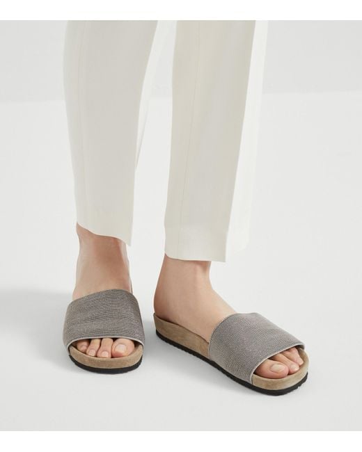 Brunello Cucinelli White Suede Embellished Slides
