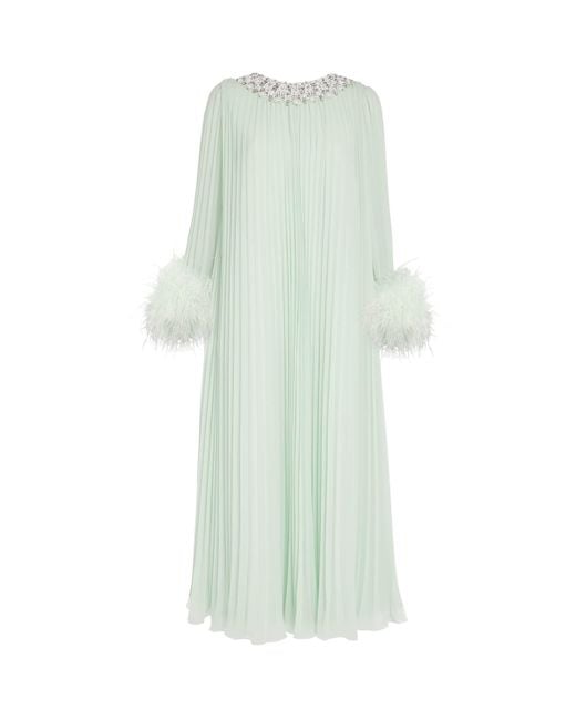 Self-Portrait Green Ostrich Feather-Trim Maxi Dress