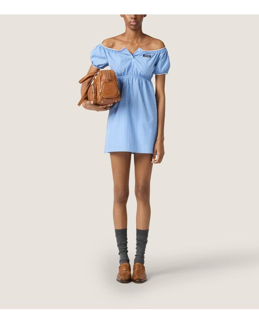 Miu Miu Blue Cotton Poplin Check Mini Dress