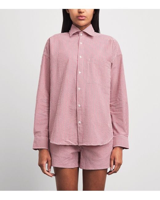 With Nothing Underneath Pink Seersucker Striped The Weekend Shirt