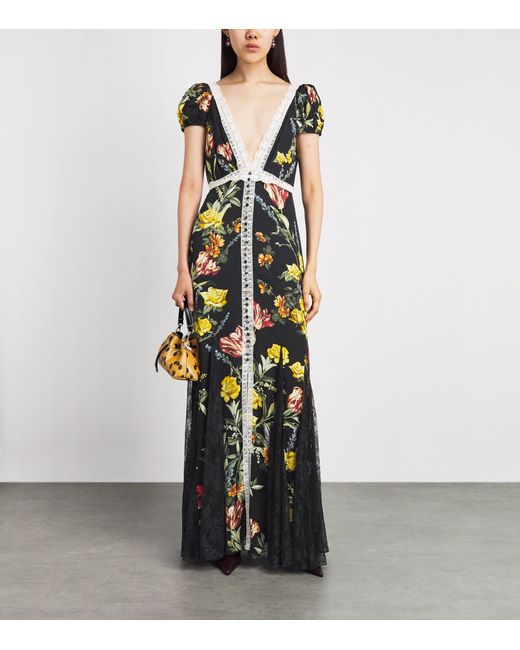Alice + Olivia Multicolor Satin-Lace Floral Rose Maxi Dress