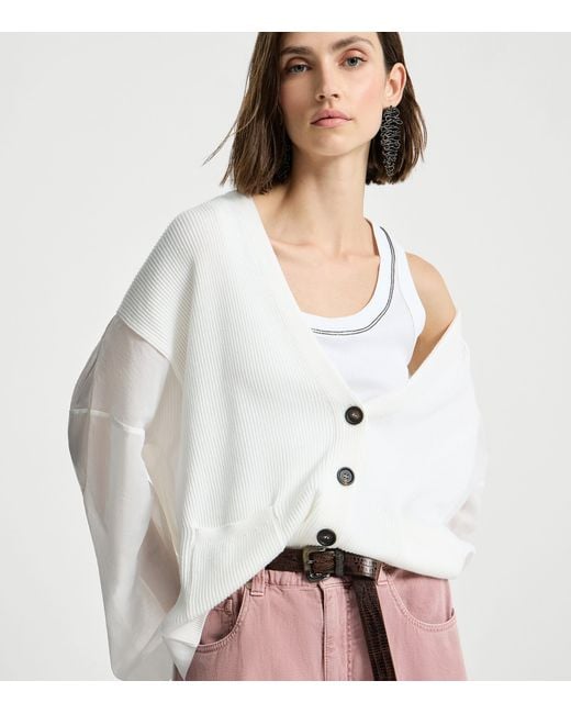 Brunello Cucinelli White Cotton Organza-Sleeve Cardigan
