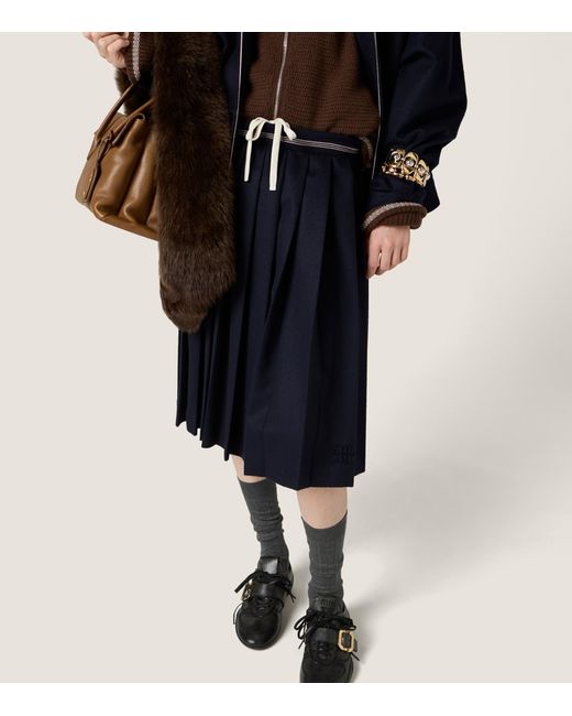 Miu Miu Blue Wool-Cashmere Pleated Midi Skirt