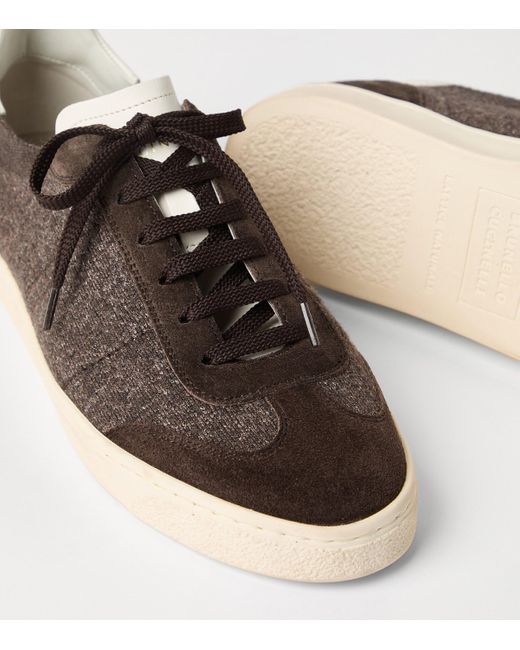 Brunello Cucinelli Brown Cotton, Washed Suede And Calfskin Sneakers for men
