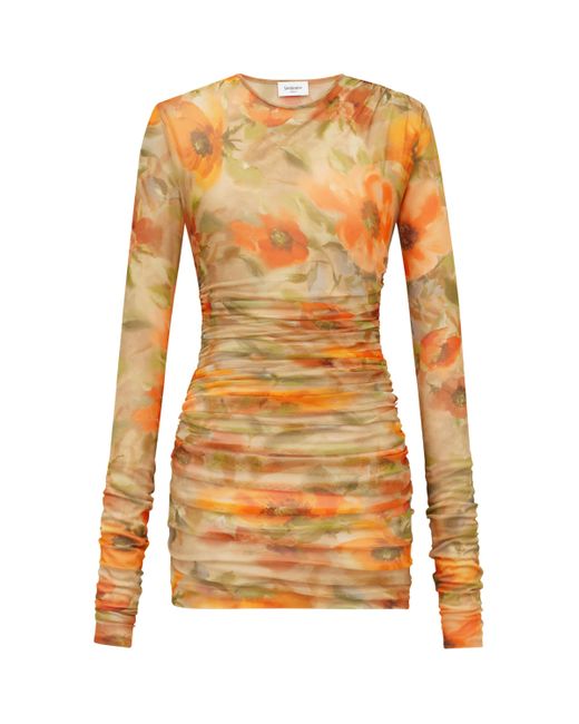 Saint Laurent Orange Tulle Floral Mini Dress