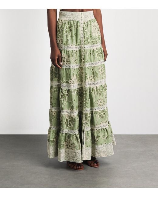 Alice + Olivia Green Embroidered Adira Maxi Skirt