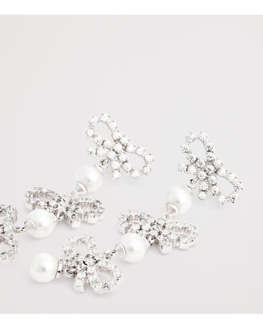 Self-Portrait White Crystal And Faux Pearl Bow Tiered Earrings