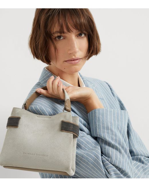 Brunello Cucinelli Gray Small Suede Essence Top-Handle Bag