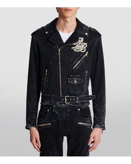 Balmain Black Denim Embroidered Biker Jacket for men