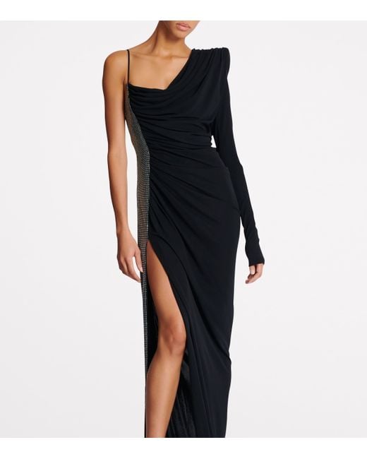 Balmain Black Draped Asymmetrical Two-Material Dress