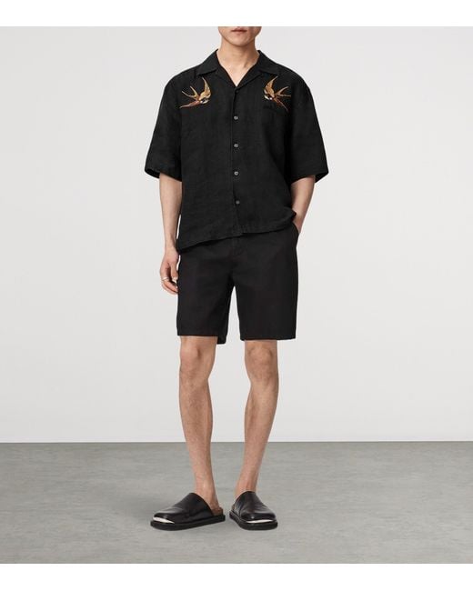 AllSaints Black Linen Embroidered Avia Shirt for men
