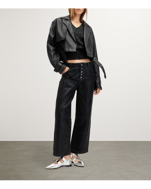 AllSaints Black Leather Ophelia Cropped Jacket