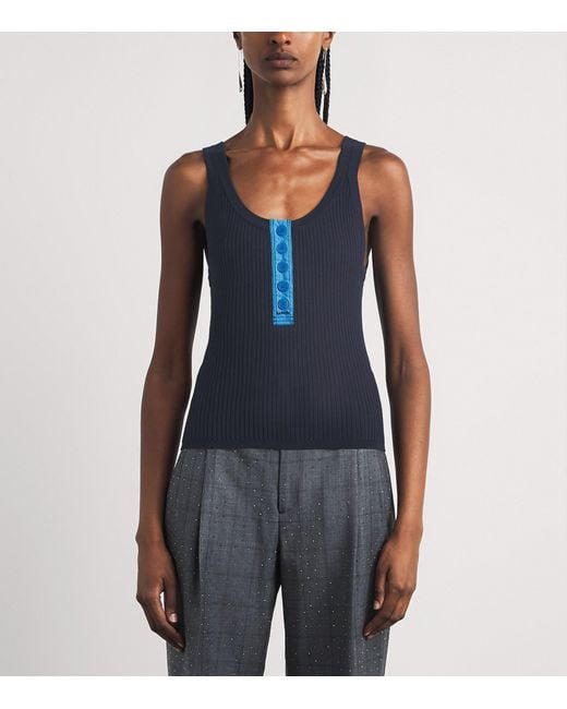 Sandro Blue Rib-Knit Contrast-Placket Tank Top