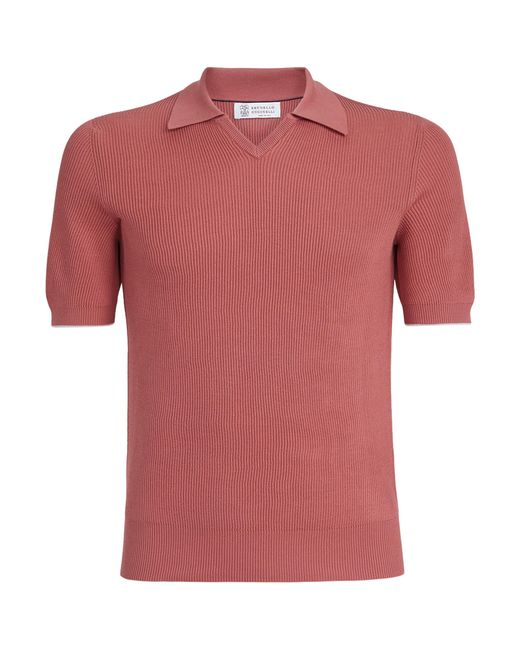Brunello Cucinelli Pink Cotton Rib-Knit Polo Shirt for men