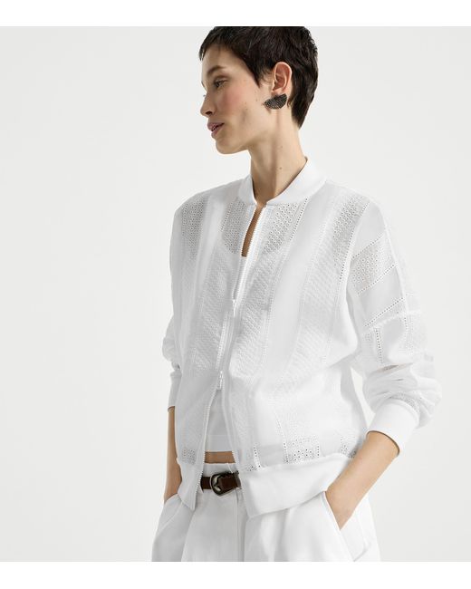 Brunello Cucinelli White Cotton Broderie Anglaise Bomber Jacket