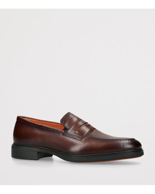 Santoni Brown Leather Easy Penny Loafers for men