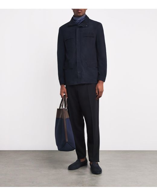Giorgio Armani Blue Suede Funnel-Neck Jacket for men