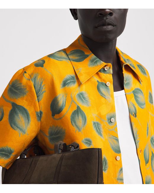 Séfr Yellow Linen Leaf Print Dayot Shirt for men