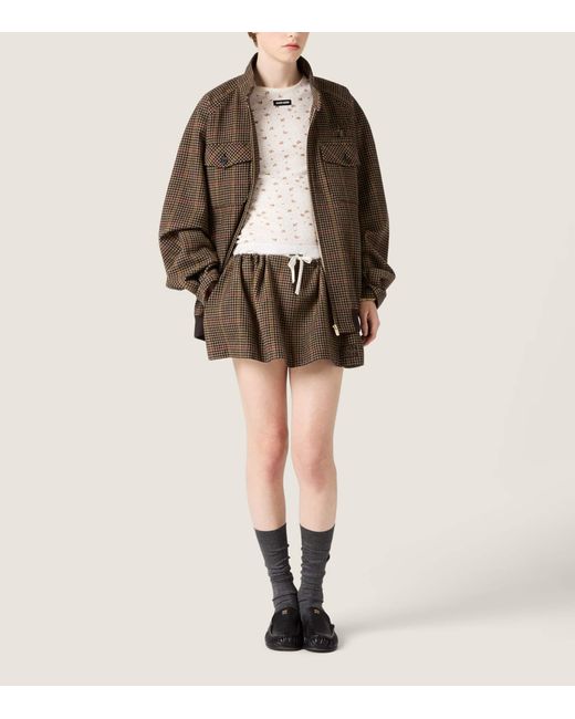 Miu Miu Brown Wool Houndstooth Drawstring Mini Skirt