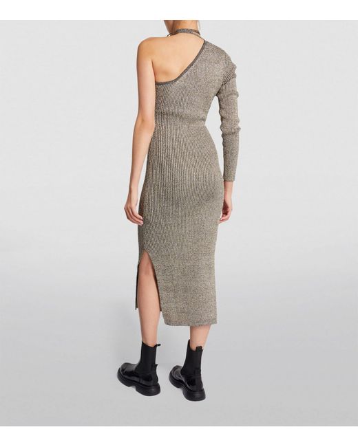 Ganni Gray Metallic One-shoulder Midi Dress