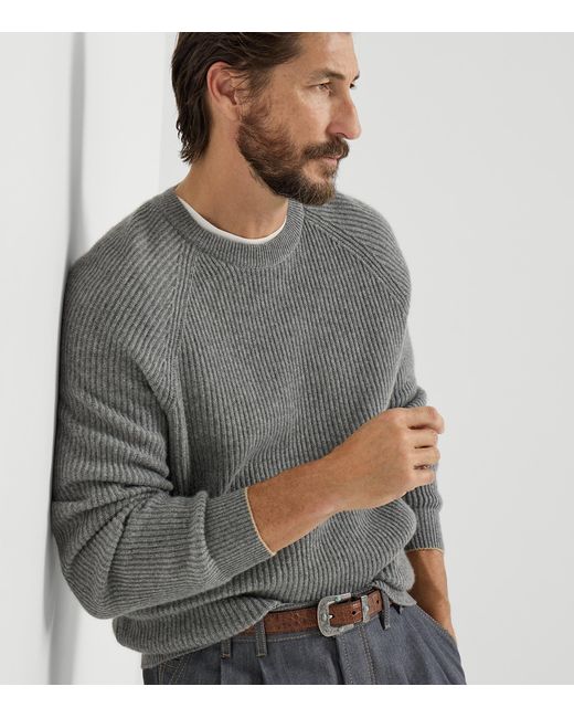 Brunello Cucinelli Gray Cashmere Ribbed Sweater for men