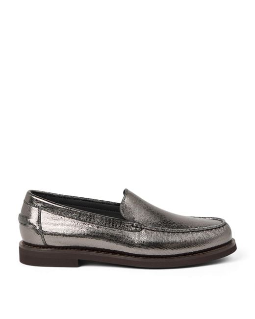 Brunello Cucinelli Gray Lamé Calfskin Penny Loafers