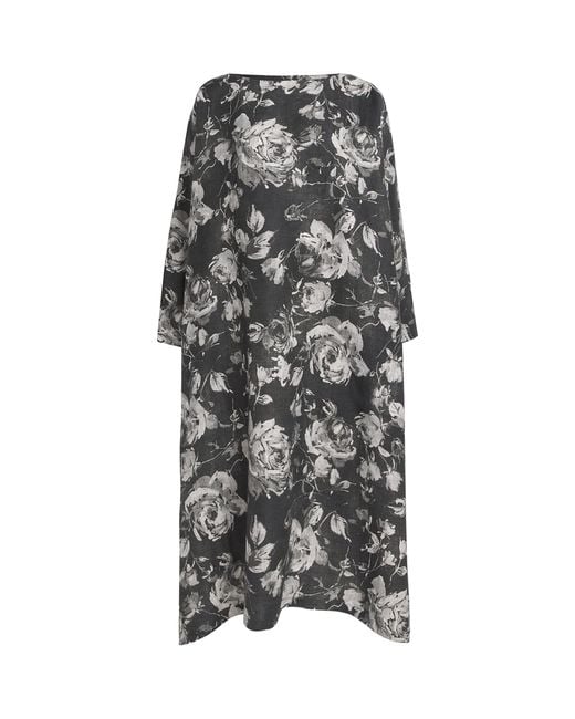 Eskandar Gray Linen Floral Scoop-Neck Midi Dress
