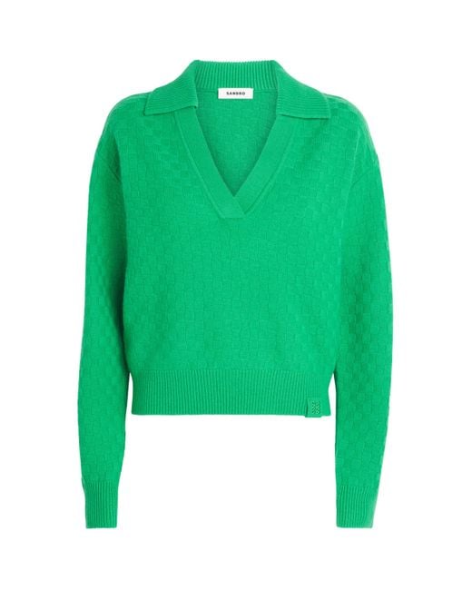Sandro Green Wool-Cashmere V-Neck Sweater