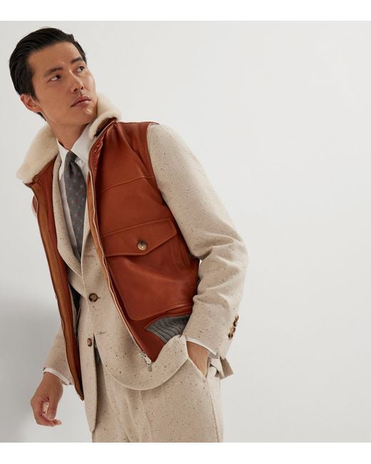Brunello Cucinelli Brown Leather Shearling-Trim Padded Gilet for men