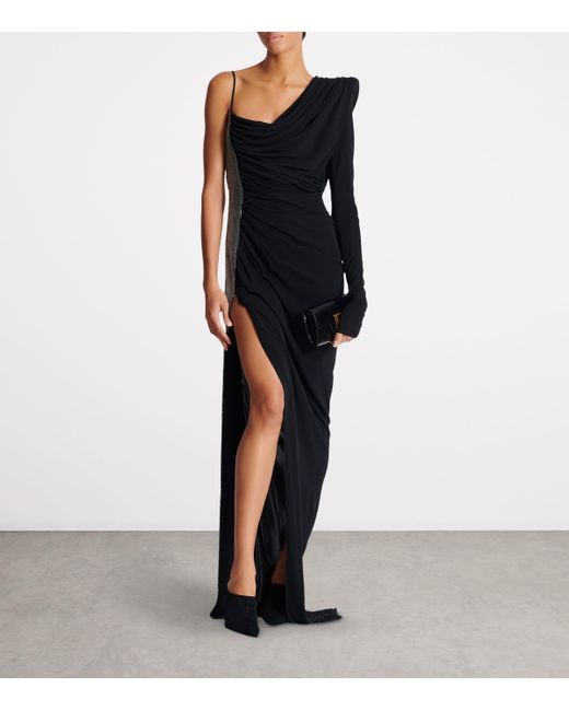 Balmain Black Draped Asymmetrical Two-Material Dress
