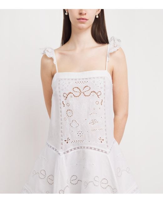 Self-Portrait White Linen-Cotton Embroidered Mini Dress
