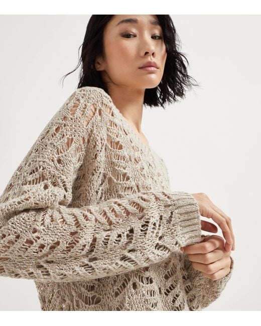 Brunello Cucinelli Gray Linen-Blend Foliage Sweater