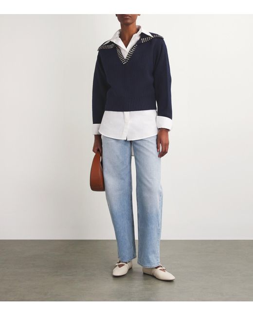 Sandro Blue Wool Embellished Sailor-Neck Sweater