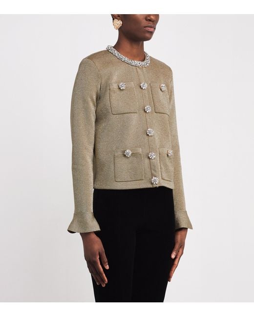 Self-Portrait Green Metallic Knitted Embellished Cardigan