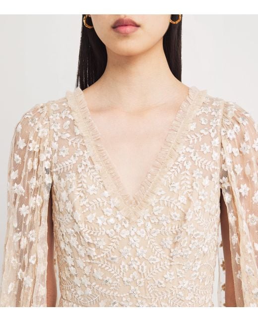 Needle & Thread Natural Cape-Detail Clover Maxi Dress