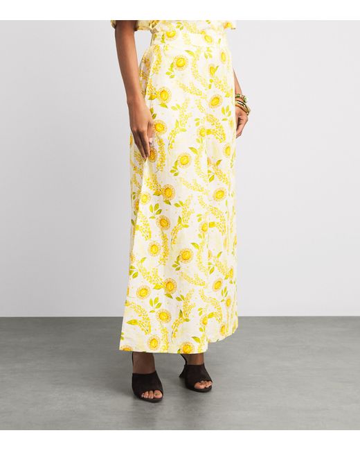 VERANDAH Yellow Linen-Cotton Floral Wide-Leg Trousers