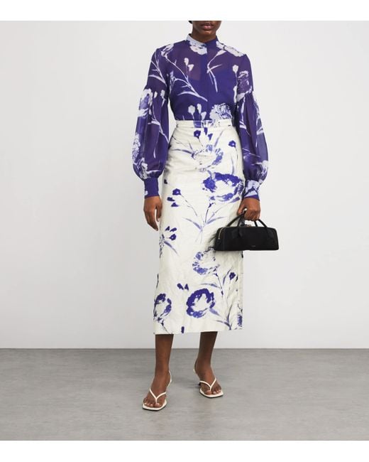 Erdem White Satin Floral Midi Skirt